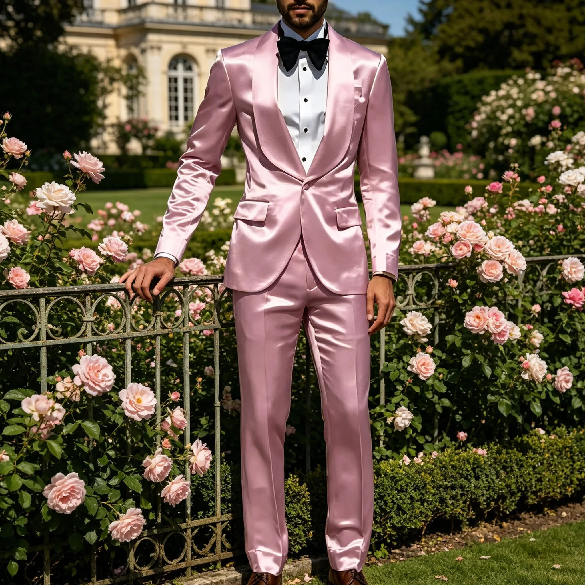 

Elegant Men's Satin Suit Luxury 2 Piece Shawl Collar Slim Fit One Button Tuxedo Blazer Pants Set For Formal Wedding Prom Party