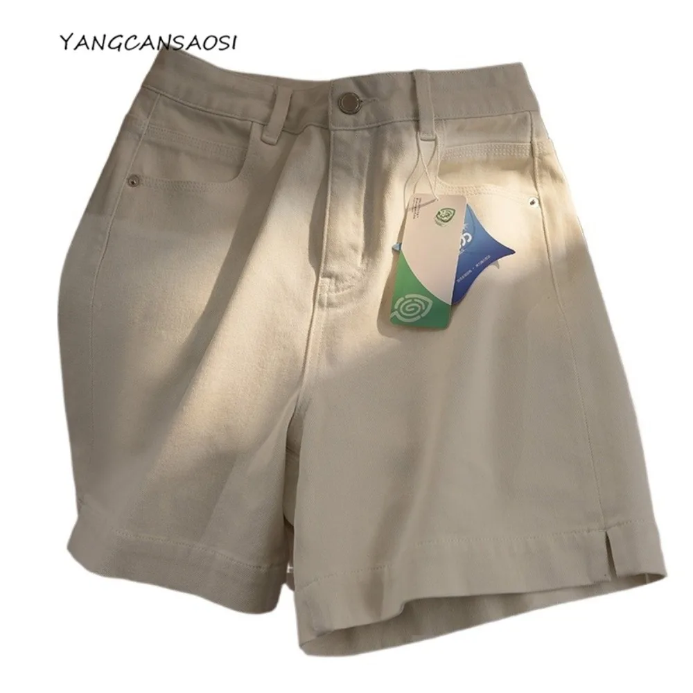 

Женские четырехсторонние эластичные прямые джинсовые шорты из лиоцелла с высокой талией, свободные широкие однотонные повседневные брюки три четверти