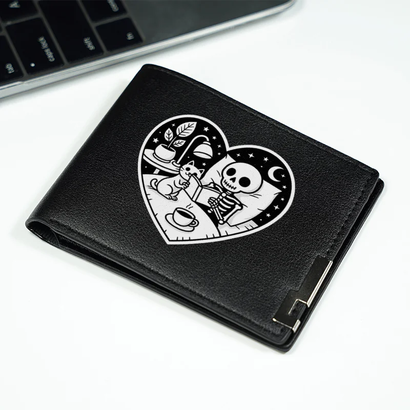 SKELET EN KAT HART DESIGN HEREN SLANKE PORTEFEUILLE PU-LEDER DUURZAAM LICHTGEWICHT BEDRIJF MODE ACCESSOIRE