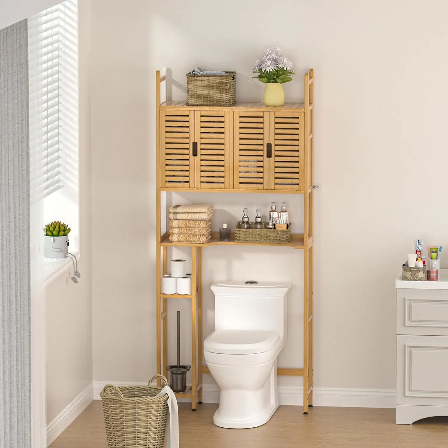 Over The Toilet Storage Cabinet with Toilet Paper Holder Stand,Bamboo Bathroom Organizer Shelf with Four Door