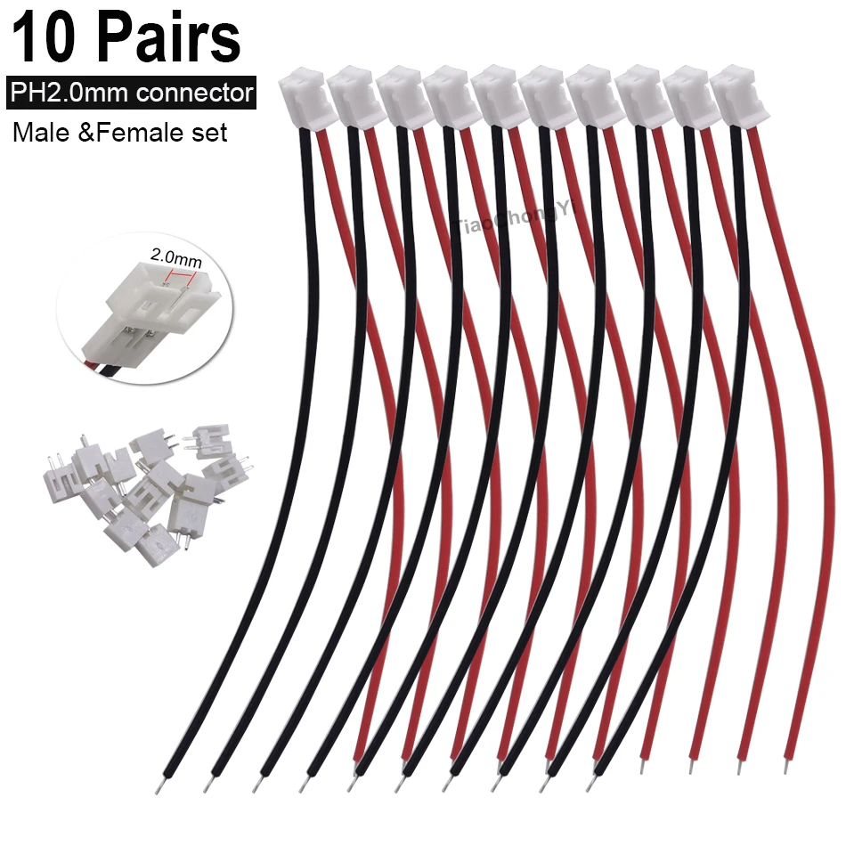 10 pairs PH2.0mm 2.0mm Female single ended terminal wire 2Pin Male power cord connector, patch cord, color ribbon cable in stock