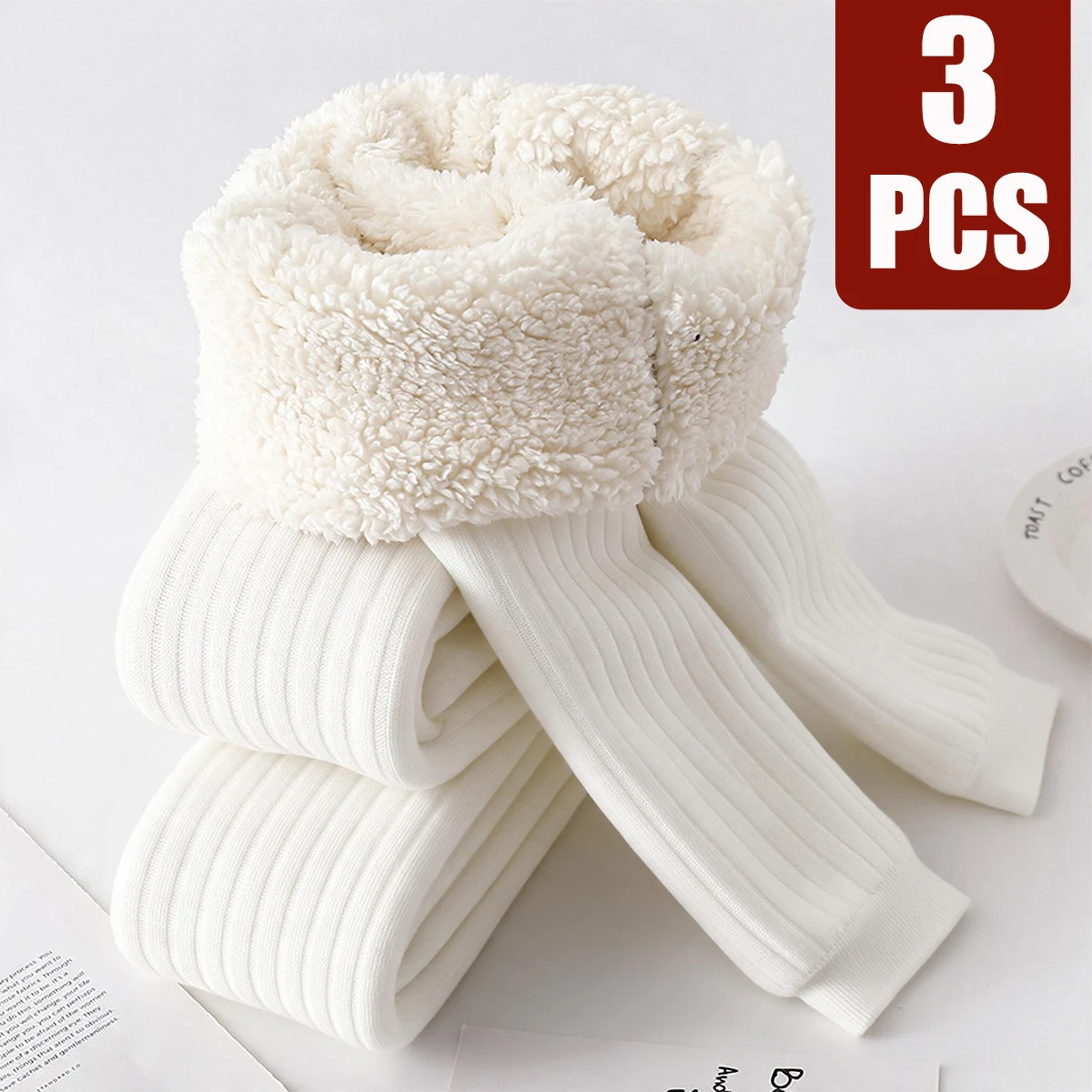 3PCS Baby Winter Sherpa Lined Leggings, Elastic Solid Color Thermal Long Pants for Toddler