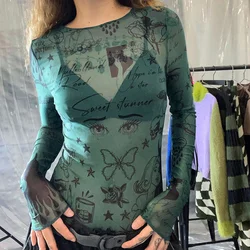 American Retro Trend Y2k Womens Mesh Sexy See-Through Jumpsuit 2024 Summer Fashion Personality Print Long-Sleeved Thin Shirt