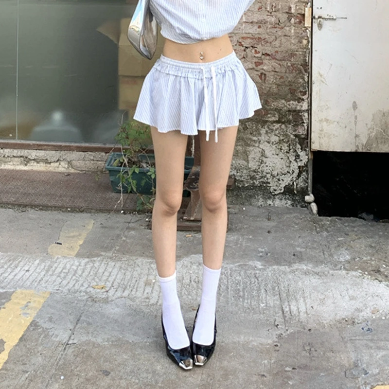 

Women Summer Y2K Chic Striped Short Mini Ruffle A-line Skirts with Safety Panties Drawstring Elastic Low Waist Skorts