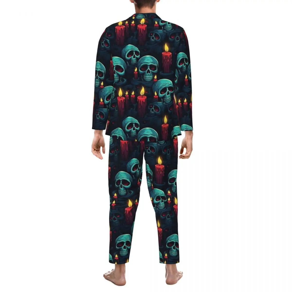 Halloween crânio e velas pijamas conjunto bonito macio pijamas unisex manga longa casual quarto 2 peças pijamas tamanho grande xl 2xl