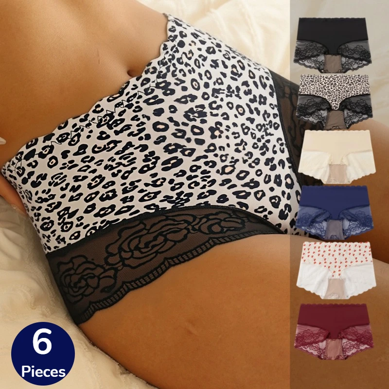 TrowBridge 6 Stück Damen-Höschen mit hoher Taille, süße Blumen, Spitze, modisch, Leopard, sexy Dessous, Damen-Slips, gemütliche Unterhosen, Sale