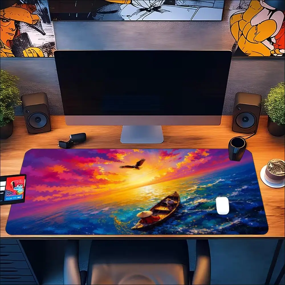 Vibrant Ocean Sunset Boat Scenery Art Large Gaming Mouse Pad Non Slip Rubber Desk Mat For Laptop Keyboard Home Office Desktop