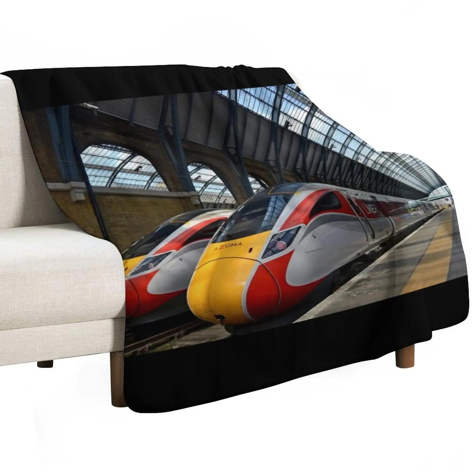 LNER Azuma 801 high speed trains at King's Cross Station Throw Blanket Comforter Camping Luxury Blankets
