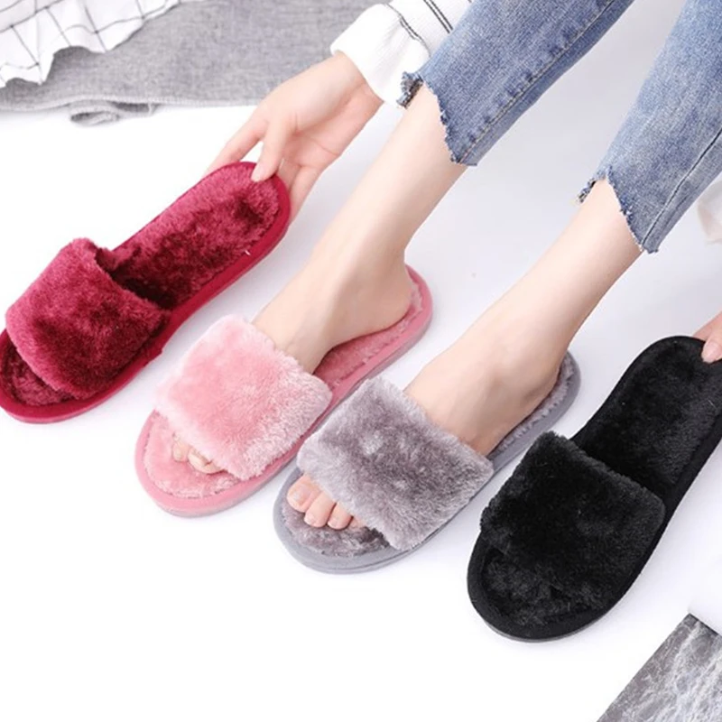 1 Pair  Women Slippers New Fashion Plush Shallow Mouth Indoor Outdoor Flip-flop Casual Bedroom Solid Color Slides Flat Shoes