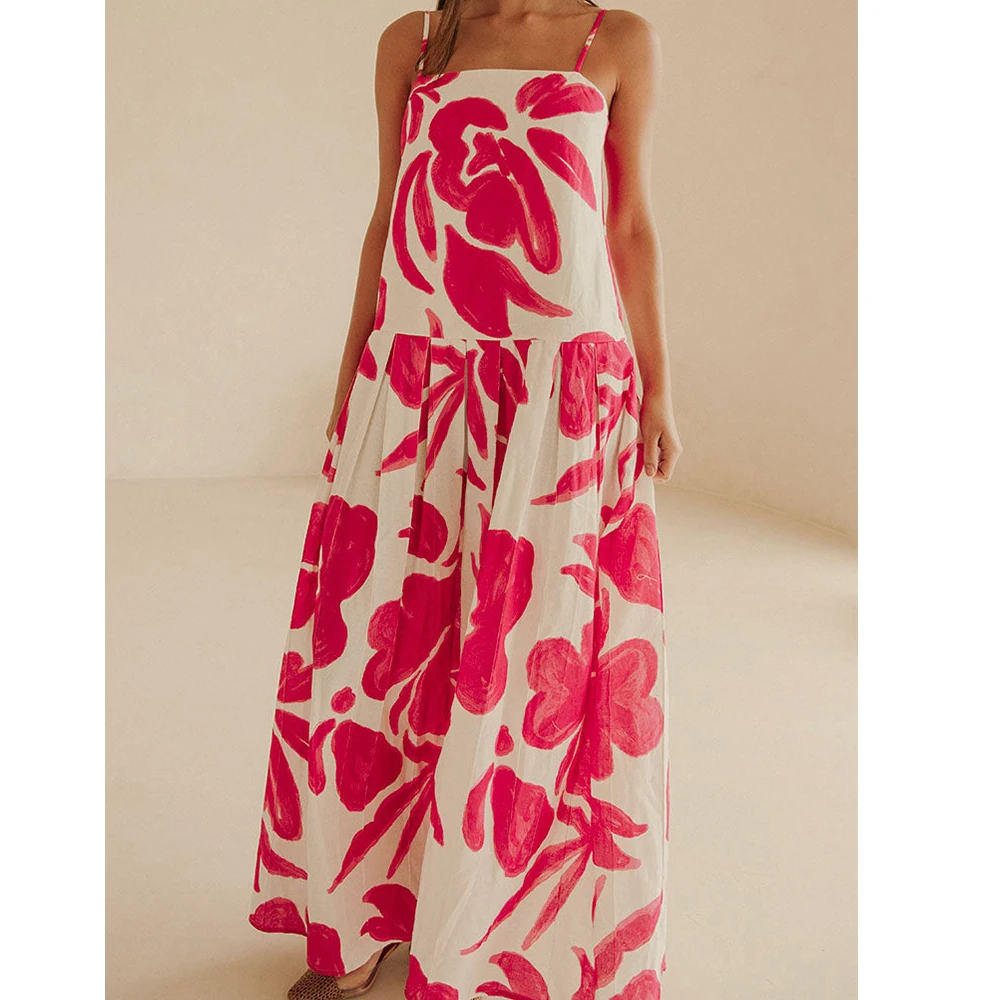 Women's Y2K Spaghetti Strap Long Dress Summer Casual Boho Sleeveless Shell Print Maxi Dress Ladies Flowy Beach Party Dresss