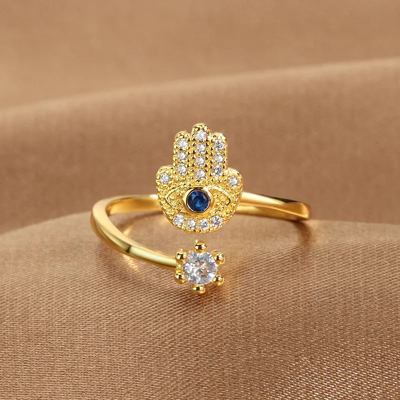 YILUOCD Hamsa Fatima's Hand Open Rings Turkish Blue Cubic Zircon Evil Eye Ring Protection Amulet Islamska biżuteria żydowska
