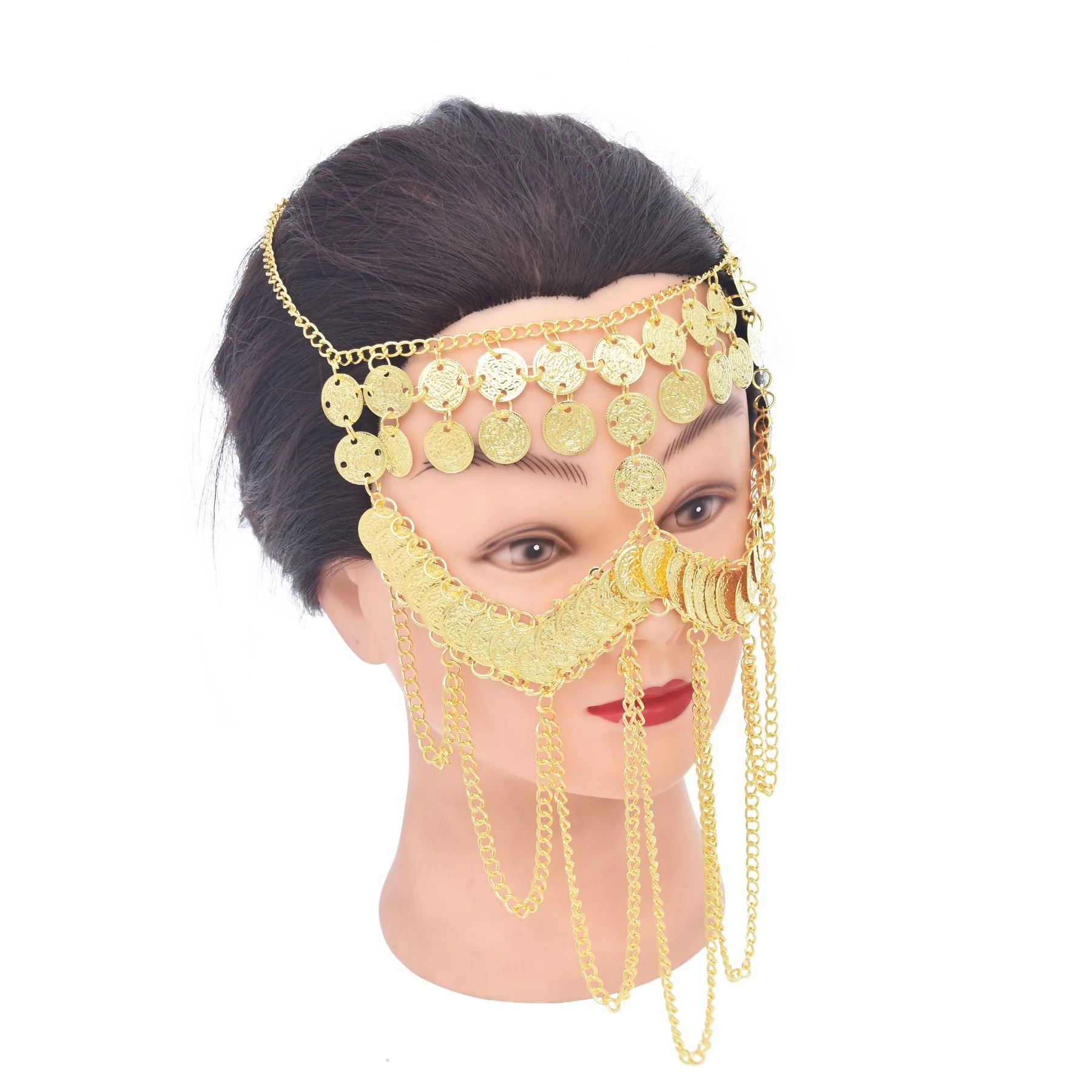 

Indian-style Coin Chain With Golden Long Tassels As Head Decoration, Party Performance Headwear Mask, Exotic Style Face Curtain