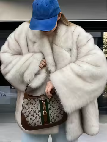 Women Lapel Faux Fur Coat Elegant Luxury V-neck Long Sleeve Loose Fluffy Outerwears Lady Fashion Winter Daily Highstreet Jackets