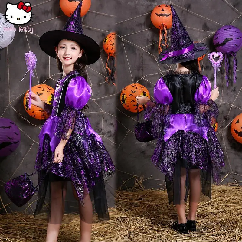 

Girls Halloween Kawaii Mesh Dress Cartoon New Style Clothing Anime Fashion Lace Lolita Skirt Hat Wand Party Dance Costume