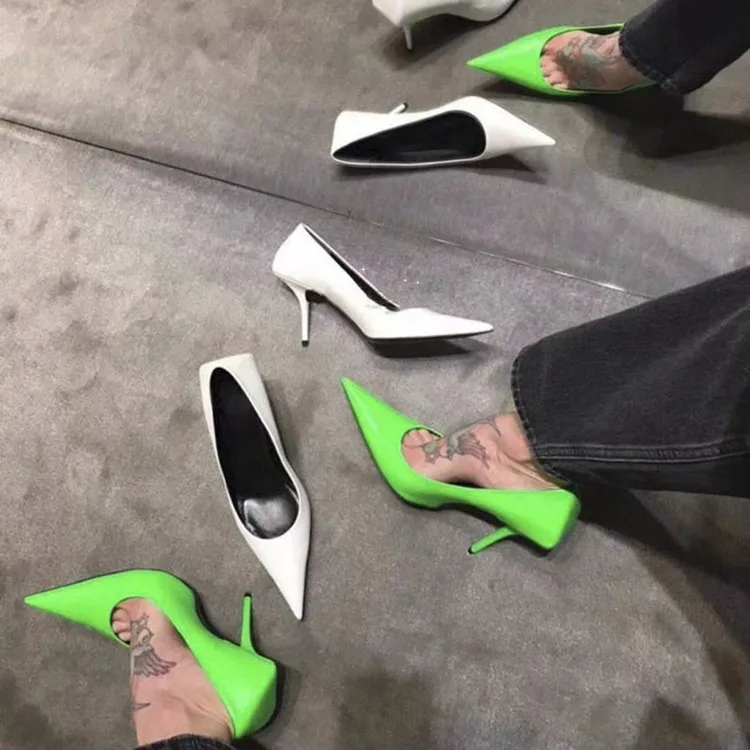 

Sharp toe shoes new autumn internet celebrity ins fluorescent green sexy high heels thin heel white single shoes for women