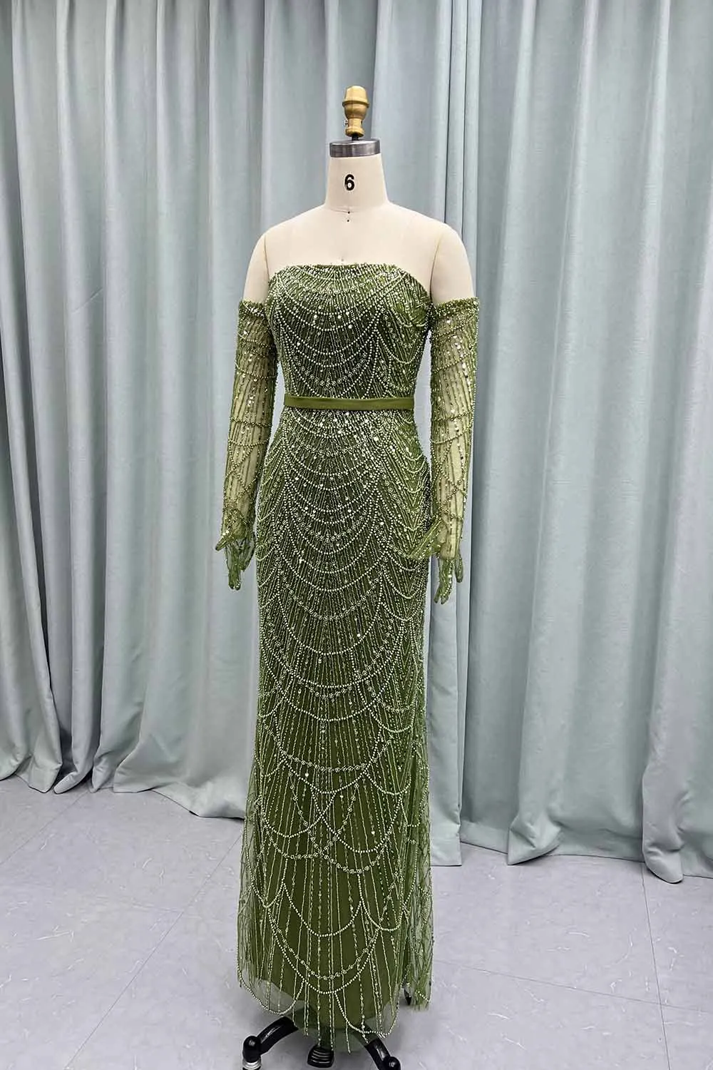 YQLNNE Luxury Greenery Pearls Beading Evening Dresses With Gloves Long Mermaid Muslim Formal Evening Party Gown