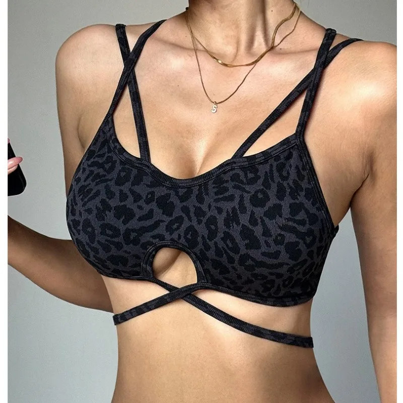 레오파드 프린트 스포츠 브라 여성용 신상 요가 탑 빠른 건조 이중 스트랩 디자인 체육관 피트니스 트레이닝 탱크 유럽 패션 스타일 탑