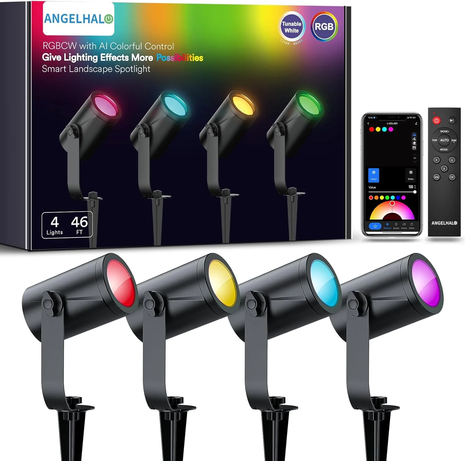 Smart RGBW Pathway Lights, 4 Pack Dimmable Outdoor Spotlights with Alexa Control, IP65 Waterproof