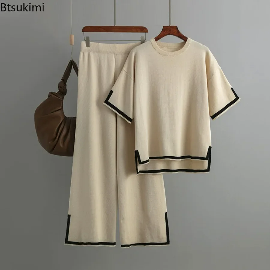 Haut à manches courtes et pantalon large taille haute pour femmes, ensembles de survêtement, col rond, mince, été, 2 pièces, 2025