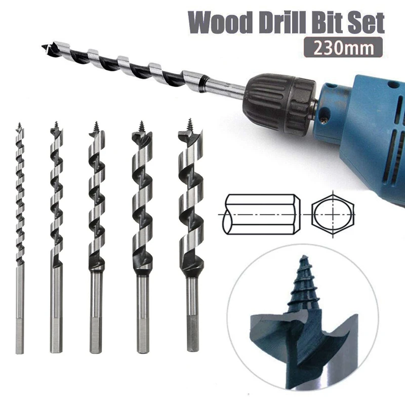 5Pcs Wood Drill Bit 9Inch Length Screw Point Hex-Shank Drill Deep Hole In Woodworking Cutter