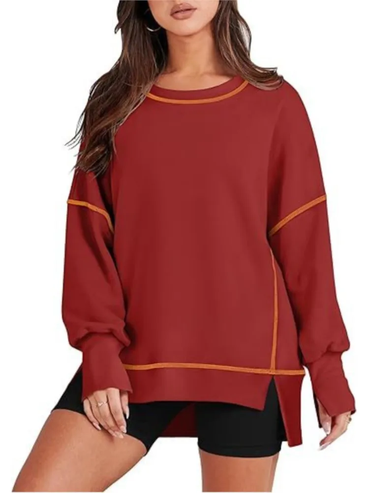 Women Solid Color Casual Round Neck Tops Fashion Side And Sleeve Slit Design Pullovers Autumn Long Sleeve Commute Ladies Outfits