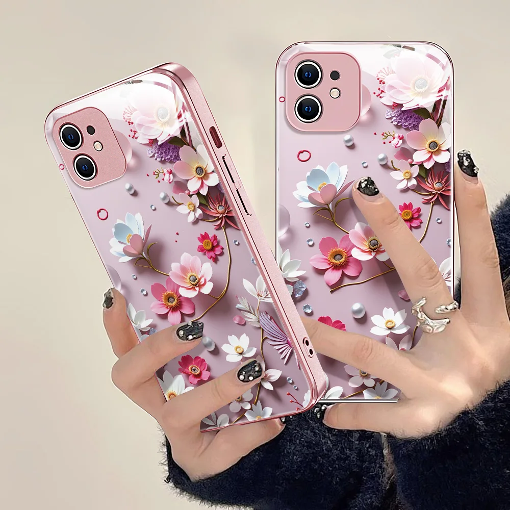 Tempered Glass Multicolored Flowers Phone Case For iPhone 17 Pro Max 16 17 15 14 13 12 11 14 ProMax Case Cover Shockproof Luxury