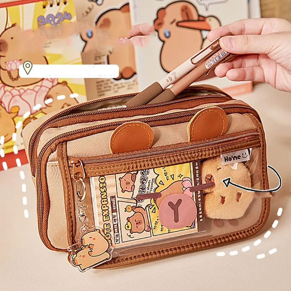 

Large Capacity Capybara Stationery Bag Multi Layer Flip Cover Capybara Pen Bag Canvas Animals Cartoon Pencil Pouch