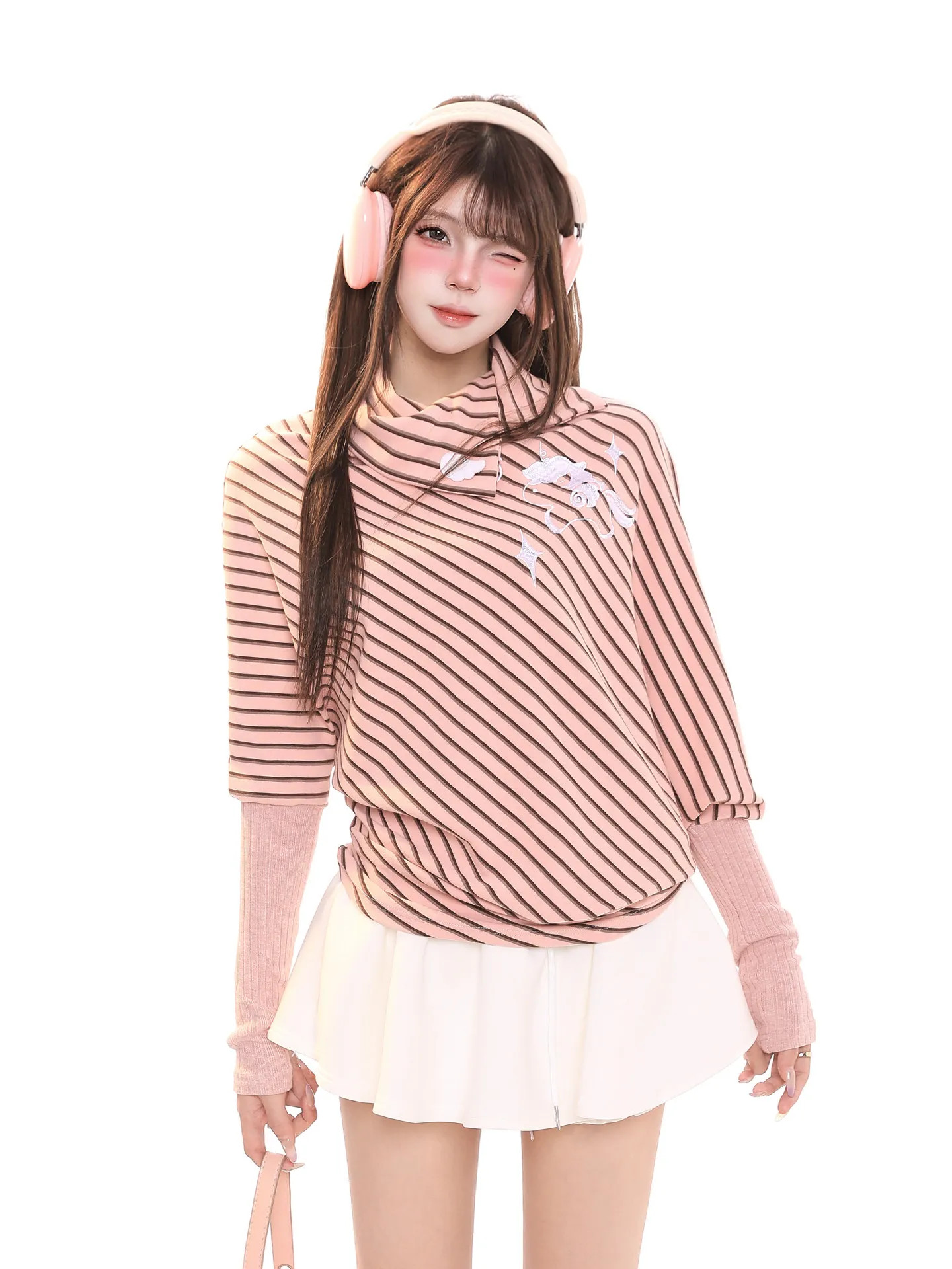 Sweet Spicy Striped Asymmetrical Long Sleeve T-Shirt Women's High Collar Slimming Layering Elegant Beautiful Base Shirt Top