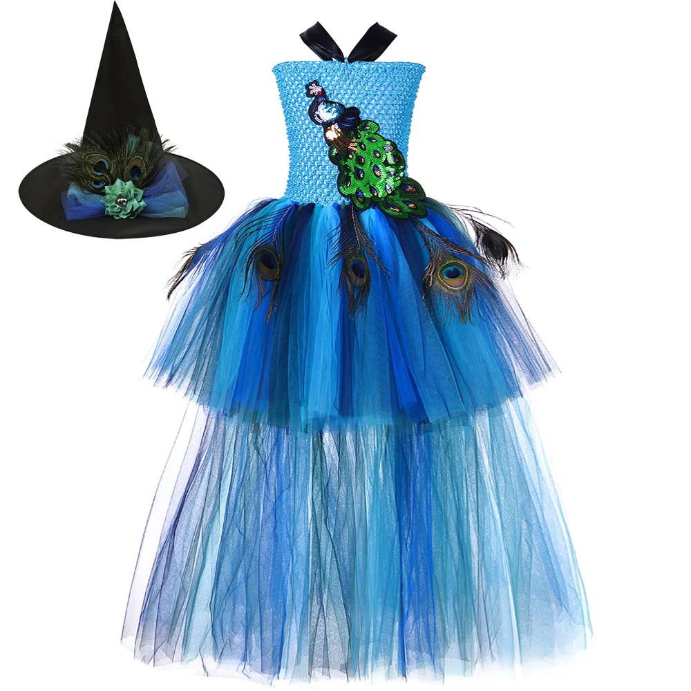 High Low Peacock Trailing Dresses for Girls Christmas Halloween Costumes Kids Birthday Evening Party Fancy Tutus with Long Tail