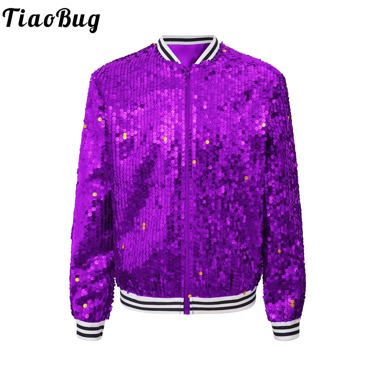 

Kids Girls Shiny Sequin Hip Hop Jazz Dance Bomber Jacket Long Sleeve Zip Up Baseball Coat Street Modern Dancing Party Outerwear