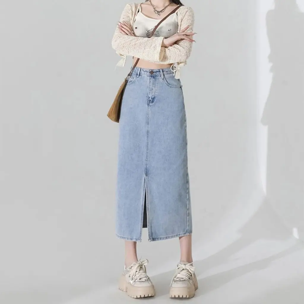 

Light Blue Denim Skirt for Women High Waist A-Line Midi Skirt Front Split Design Flesh Covering Trendy Office Wear