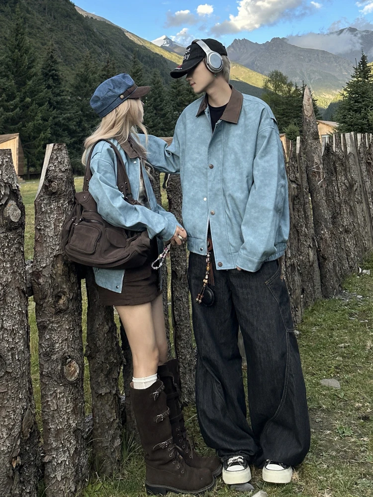 الأزواج مطابقة الخريف الشتاء بدوره إلى أسفل طوق اللون بلو بو الجلود Jaet الرجال خمر الأمريكية Sle معطف غير رسمي