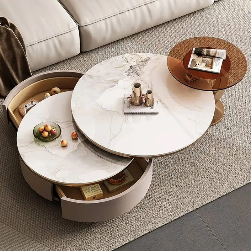 Modern Luxury Foldable Coffee Table Set Home Round Rock Slab Center Table Sets for Living Room Office 2-Piece Table with Storage