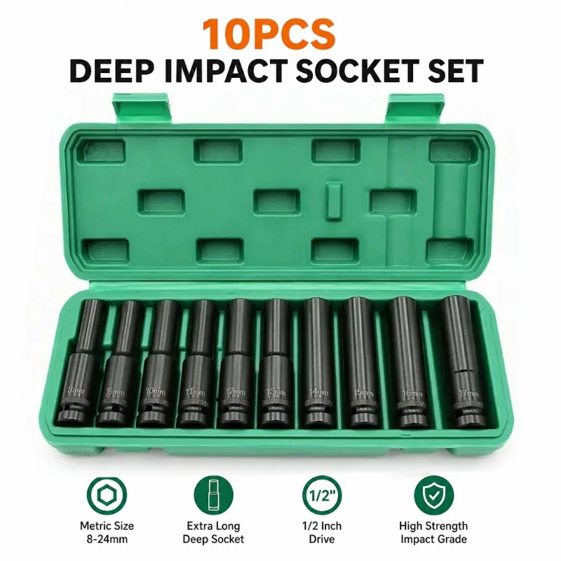 10Pcs 1/2 Inch Drive Metric Deep Impact Socket Set High Strength Long Sockets For Pneumatic Wrench Auto Repair Maintenance
