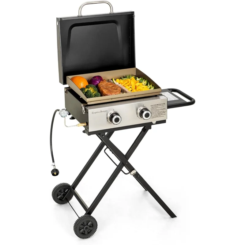 MFSTUDIO Small Portable Propane Griddle, 2 In 1 Gas BBQ Travel Grill with Foldable Stand, Compact and Light Countertop Grills