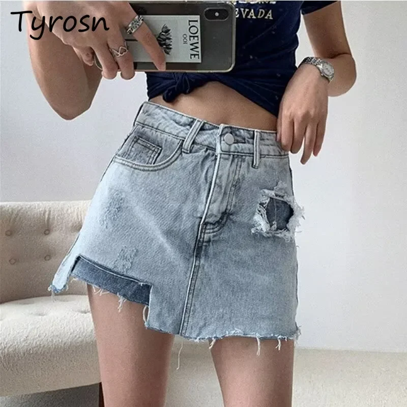 

Необычные рваные джинсовые юбки женские большие размеры летние с высокой талией дизайн тонкий трапециевидный вырез с запахом бедра горячая девушка уличная одежда жизненность модный