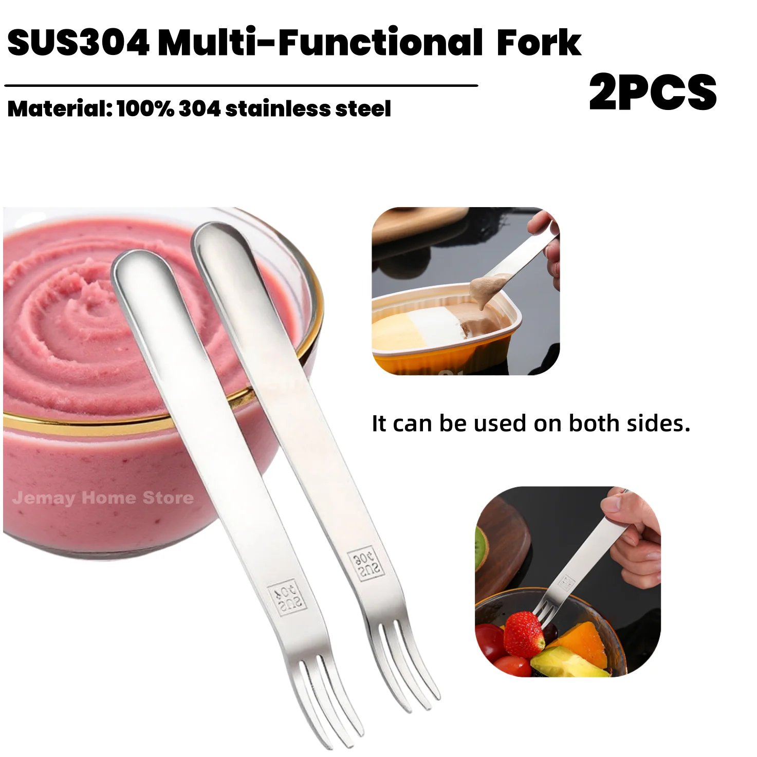 2Pcs 304 Stainless Steel Fruit Fork Multi-functional  2 in 1 Spoon Fork for Desserts, Cakes, Fruit, Home, Restaurant Tableware