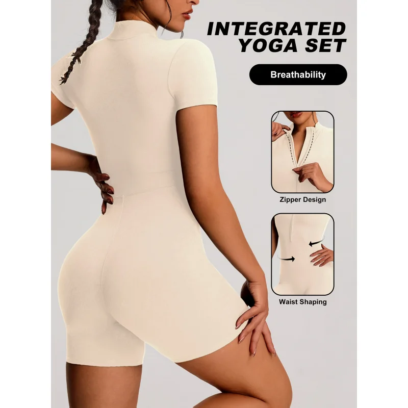developed 1pc Solid Color Women's Sport Zip-up Stand-up Collar Casual Bodysuit Jumpsuit, Short Sleeves, Zipper Design view 3