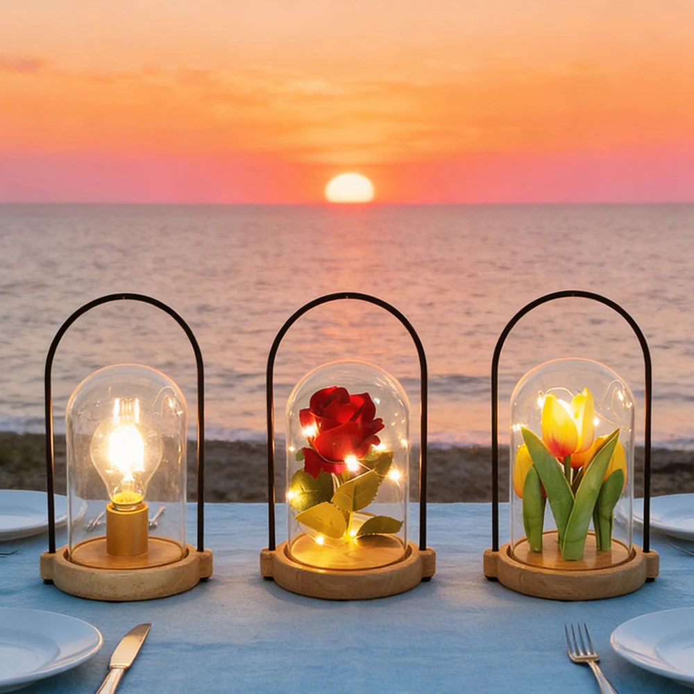 

1 шт. светодиодный светящийся стеклянный чехол с имитацией цветка, ручной светильник, с деревянной основой, украшения, светильник для свадебного декора на день Святого Валентина