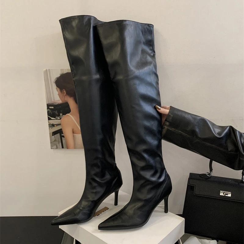 

Aneikeh/Осенне-зимние уличные модные длинные сапоги выше колена из мягкой кожи из искусственной кожи, женские дизайнерские плиссированные туфли на тонком каблуке с острым носком