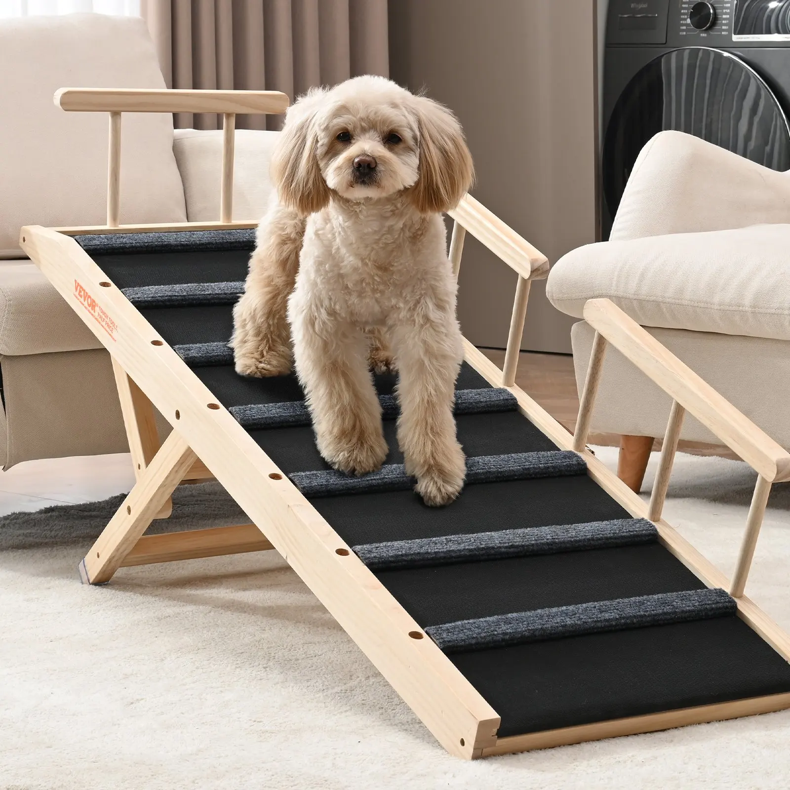 Rampe de voiture pour chien en bois de pin de 1,2 m avec 7 barres transversales, 6 réglages de hauteur, charge maximale de 113 kg, surface antidérapante en caoutchouc, escalier d'entrée portable pour animaux de compagnie pour chiens de petite, moyenne et grande taille