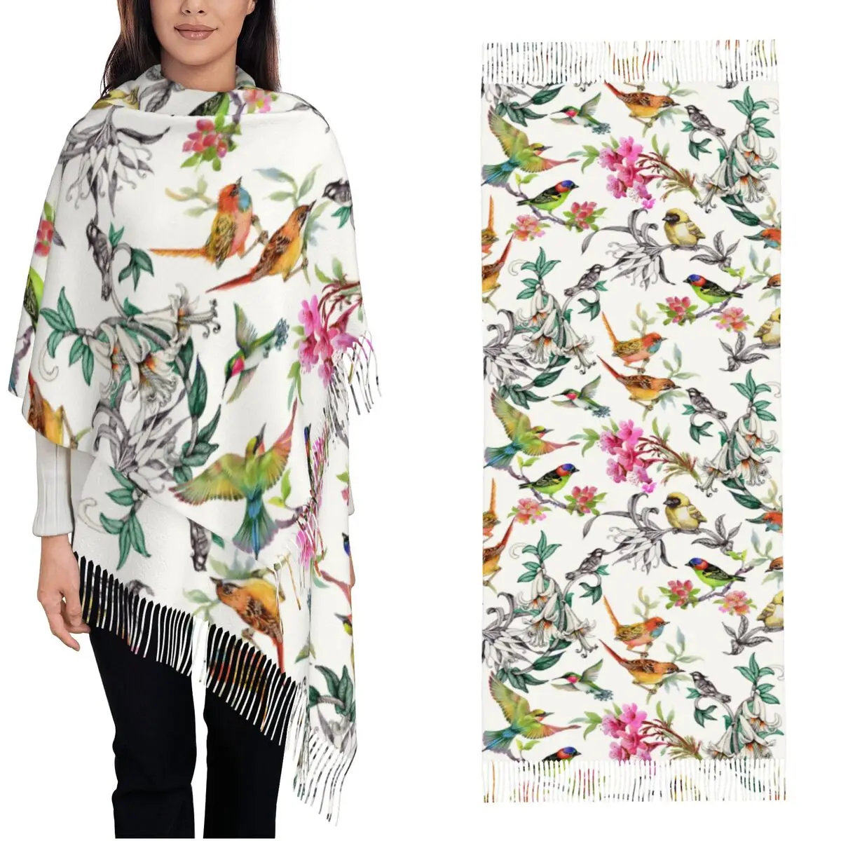 Hand Drawn Flowers And Birds Shawl Wrap for Ladies Winter Large Soft Scarf Watercolor Swallows Floral Neckerchief Tassel Scarves