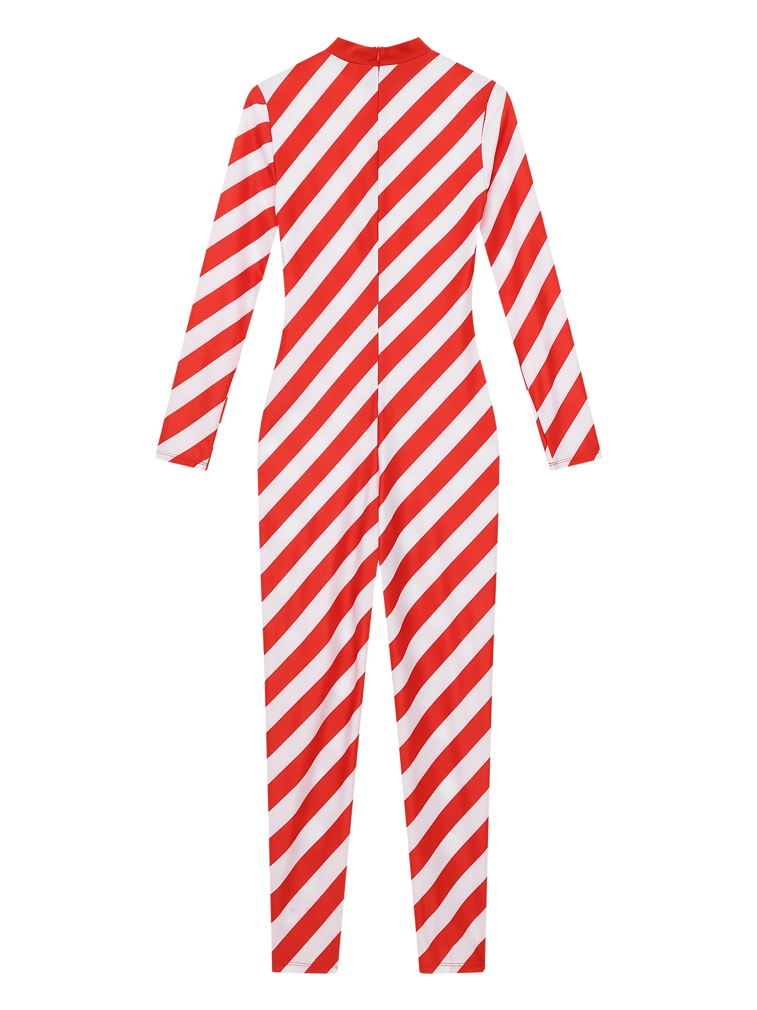 #S-5XL Womens Christmas Candy Cane Bodysuit Santa Costume Unitard Mock Neck Long Sleeve Zipper Jumpsuit for Xmas Cosplay Party