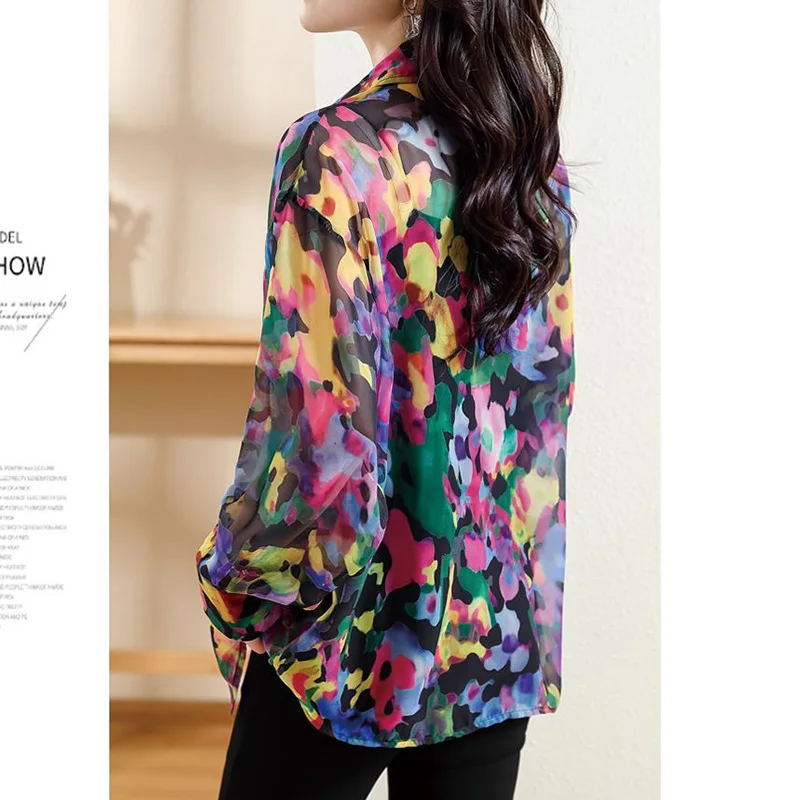 2023 Spring Summer New Colorful Printed Long Sleeve Shirt for Women Vintage Fashion Hong Kong Style Relaxed Pockets Chic Blouse