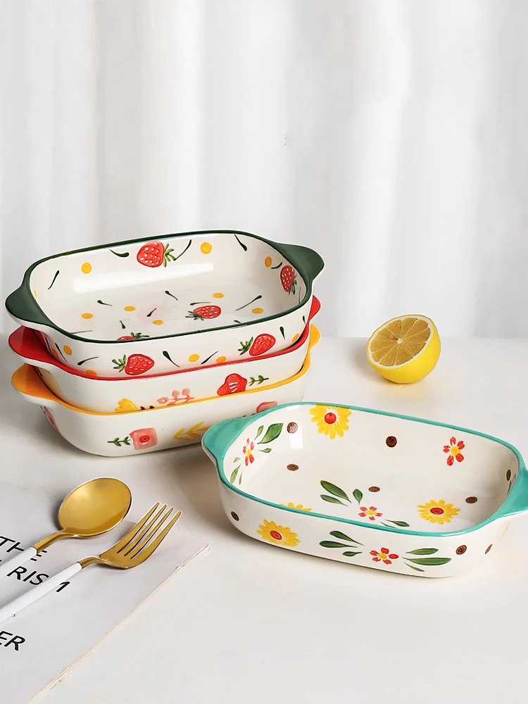 Binaural Ceramic Rectangular Baking Plate Cheese Baked Rice Plate Household Salad Plate Cute Printed Baking Bowl Utensils