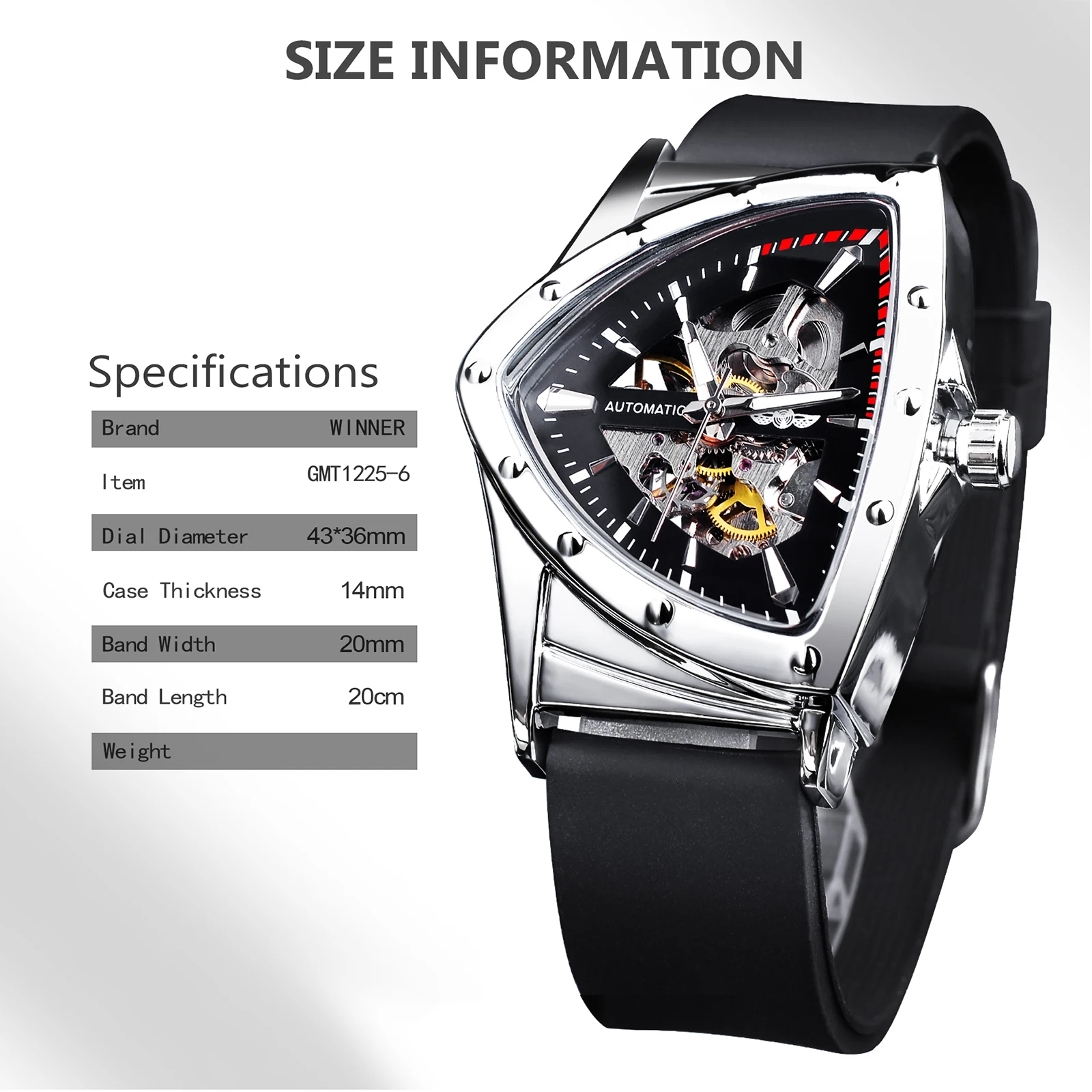 WINNER Sport Style Men\'s Watches Transparent Mechanical Watch Triangle Automatic Military Wristwatch With Luminous Pointers