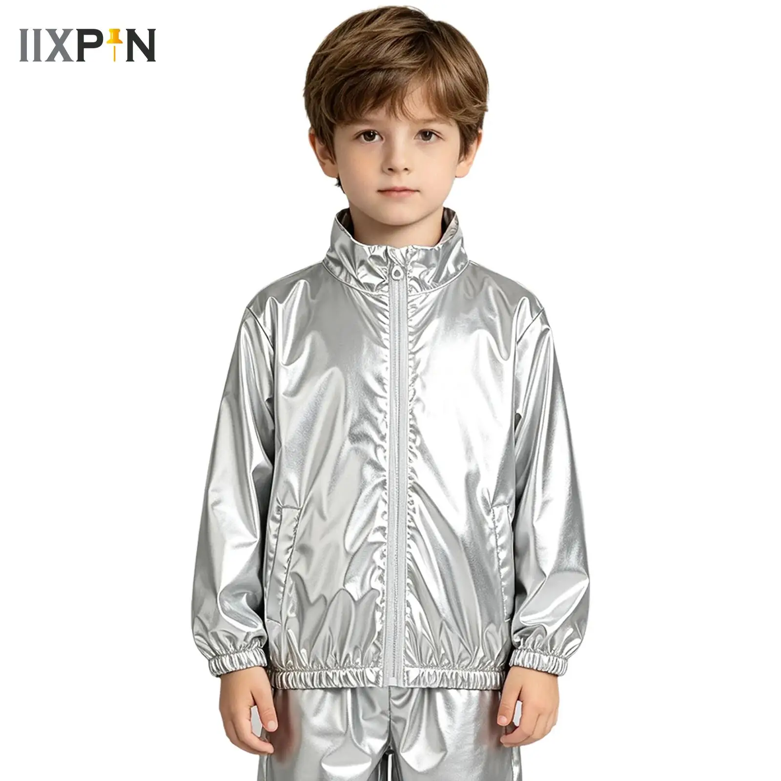 Boys Girls Metallic Hip Hop Jazz Dance Jacket Coat Long Sleeve Zip-up Shiny Coat Outerwear School Show Dancing Party Streetwear