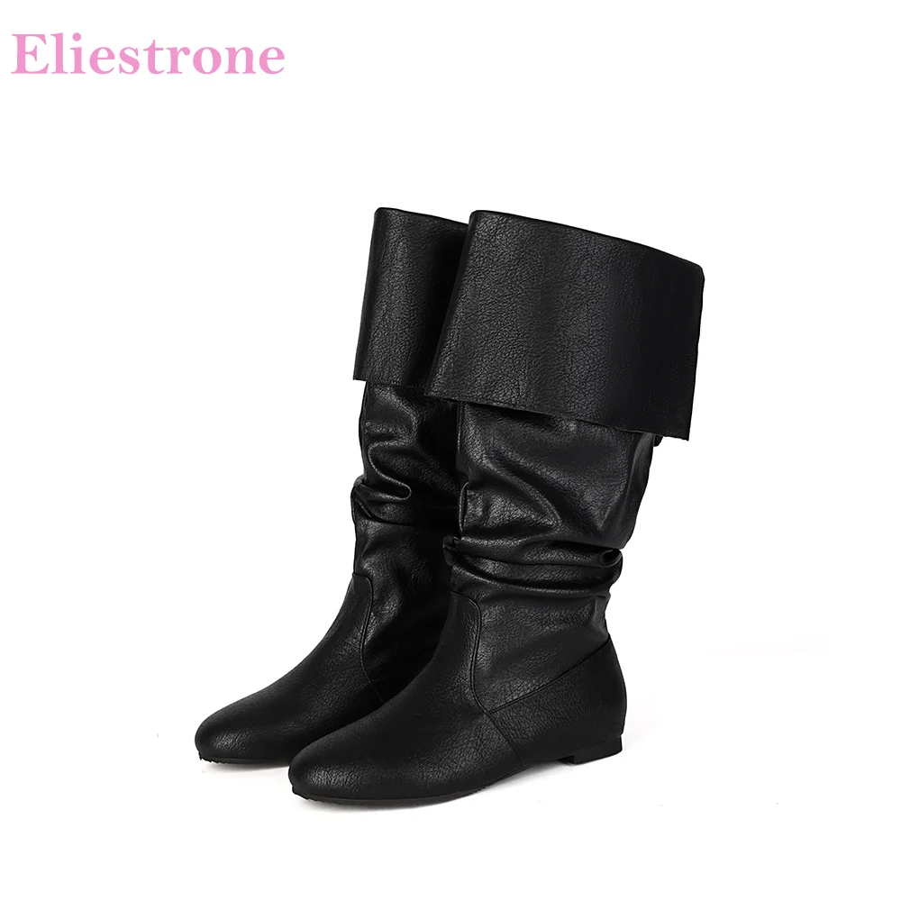 

2025 New Winter Comfortable Black Brown Women Mid Calf Boots Round Toe Flat Lady Nude Shoes Plus Big Size 43 45 48