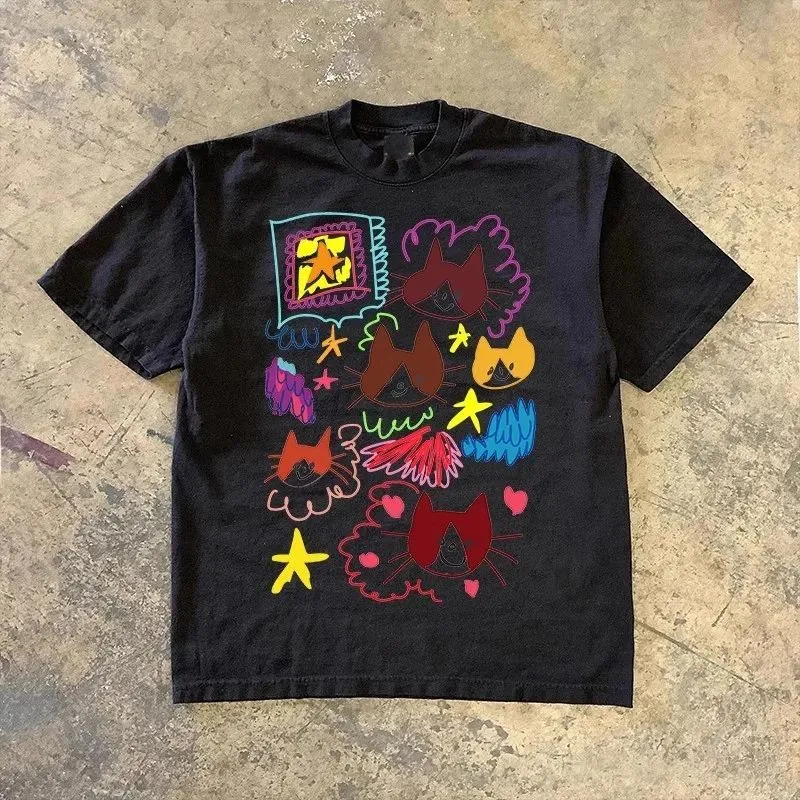 Cloud Cat Art Graffiti Print Niche Short-sleeved Harajuku Vintage Streetwear Ins Style Tops T-shirts Casual Loose Tops Unisex