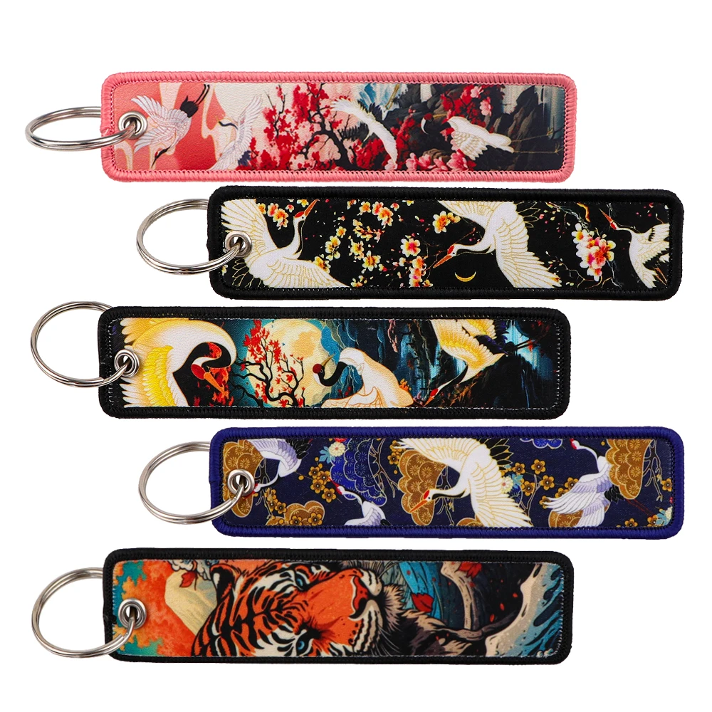 Art Painting Crane Tiger Keychain for Motorcycles Printing Key Fobs Holder Key Ring Women Men Key Tags Jet Tag Accessories Gifts